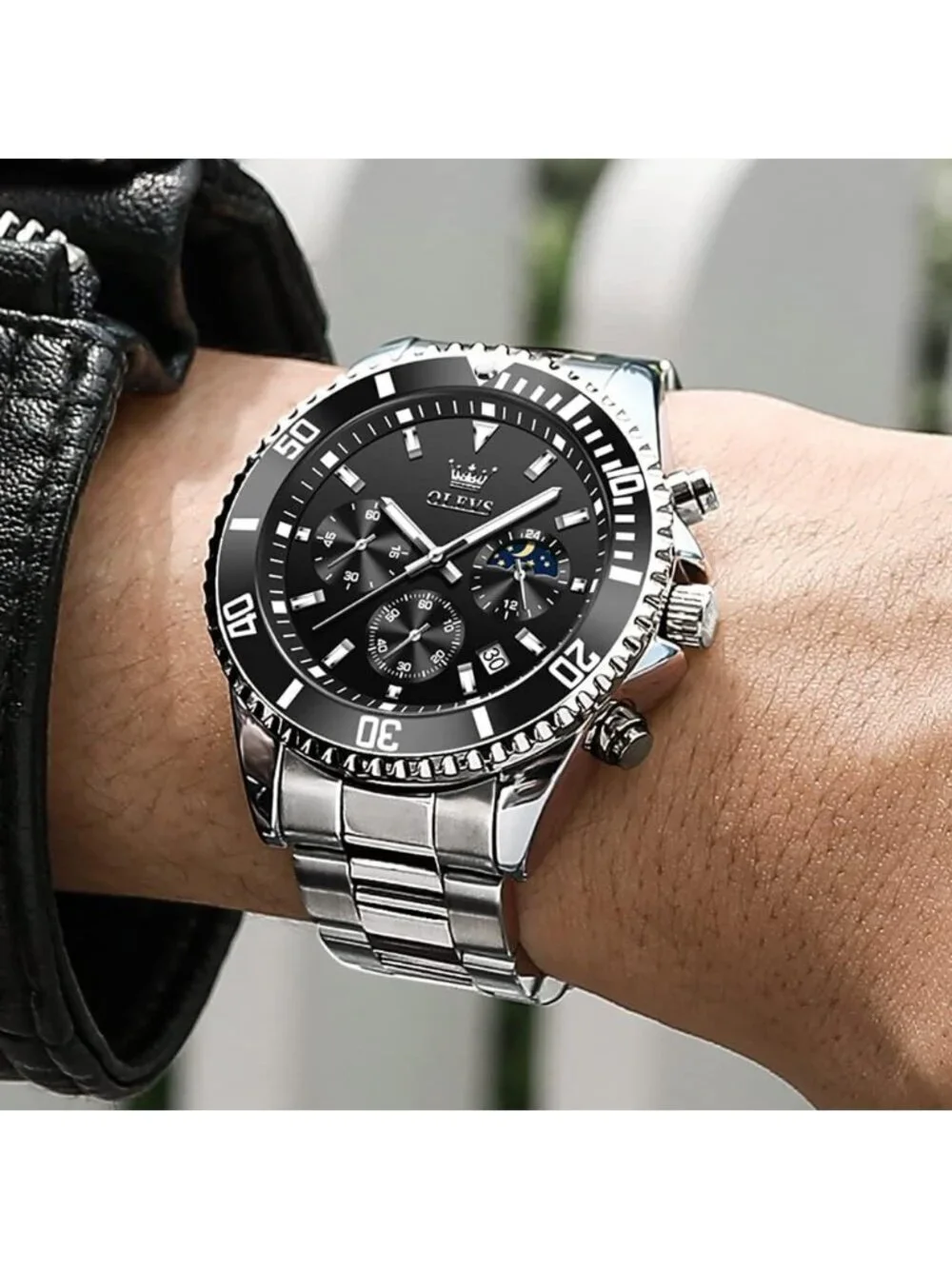 Men's Black Silver Premium Stainless Analog Rotatable Bezel Date Steel Watch